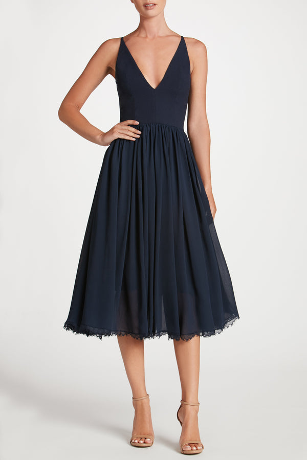 Alicia Chiffon Fit and Flare Midi Dress (Midnight Blue)