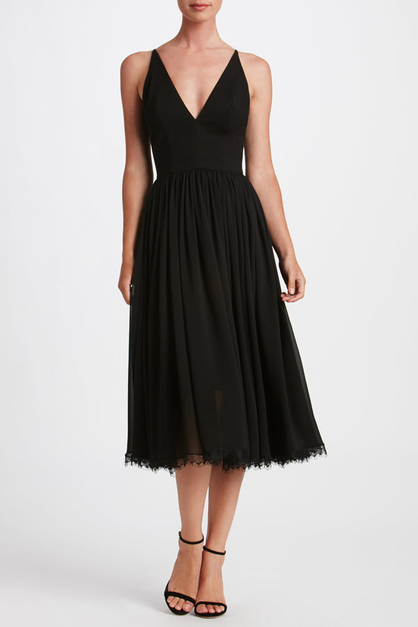 Alicia Chiffon Fit and Flare Midi Dress (Black)