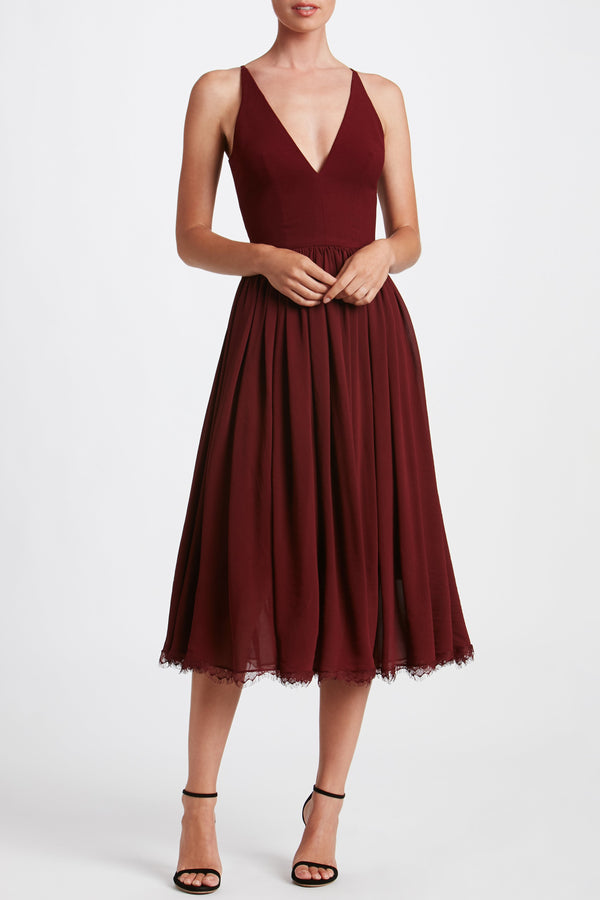 Alicia Chiffon Fit and Flare Midi Dress (Burgundy)