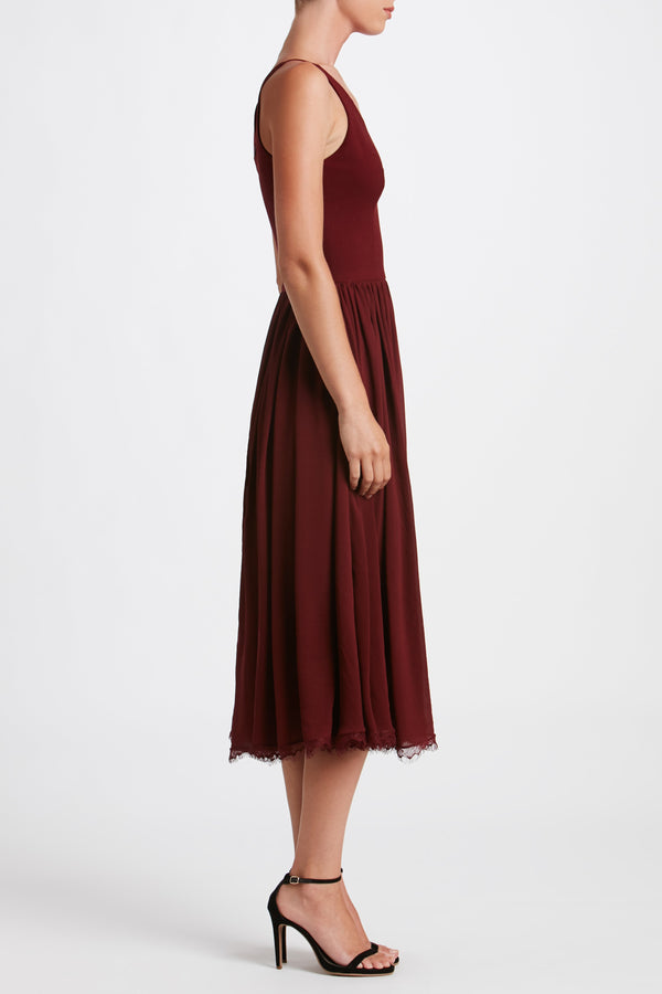Alicia Chiffon Fit and Flare Midi Dress (Burgundy) - 2