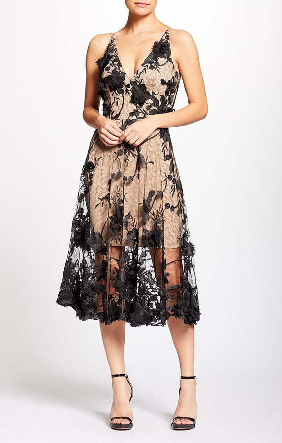 Audrey 3D Lace Fit and Flare Midi Dress (Black)