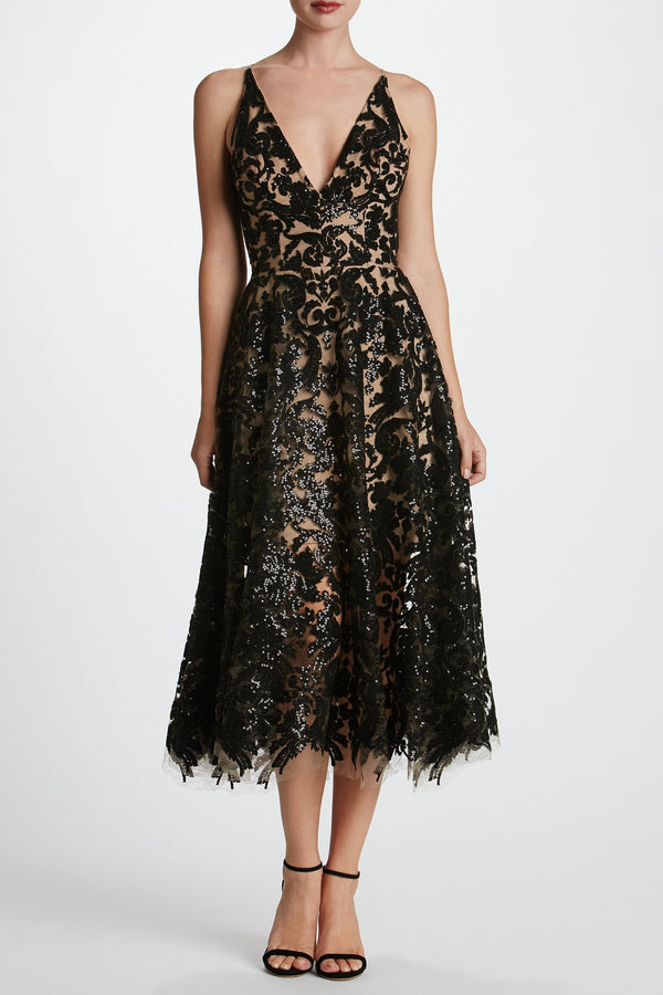 Blair Sequin Lace Fit and Flare Midi Dress