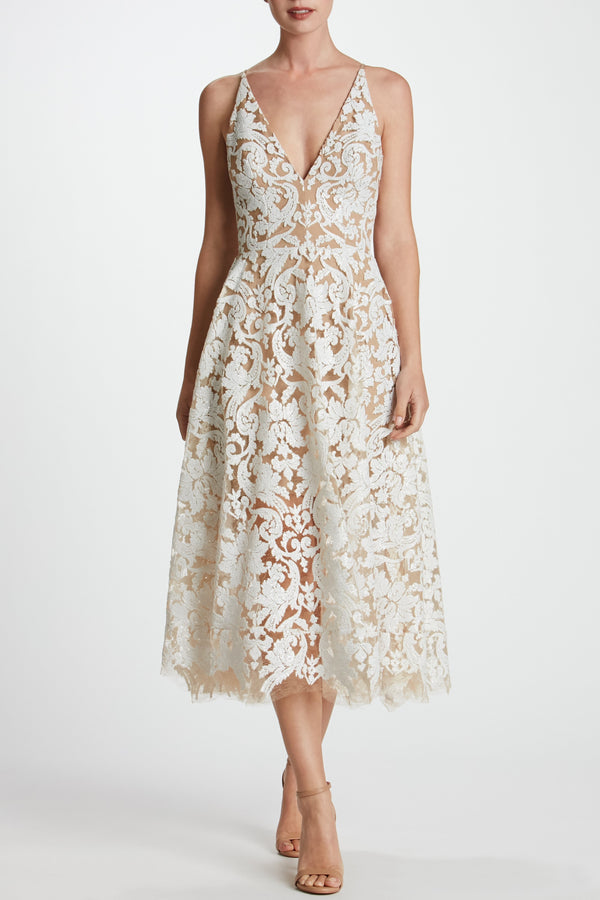 Blair Sequin Lace Fit and Flare Midi Dress (White)