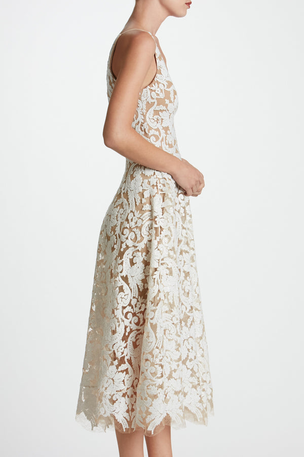 Blair Sequin Lace Fit and Flare Midi Dress (White) - 3