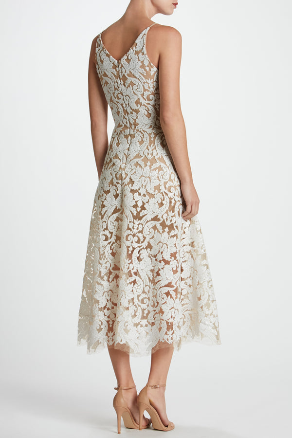 Blair Sequin Lace Fit and Flare Midi Dress (White) - 4