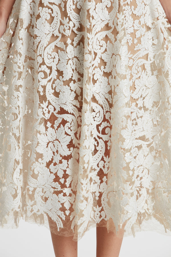 Blair Sequin Lace Fit and Flare Midi Dress (White) - 5