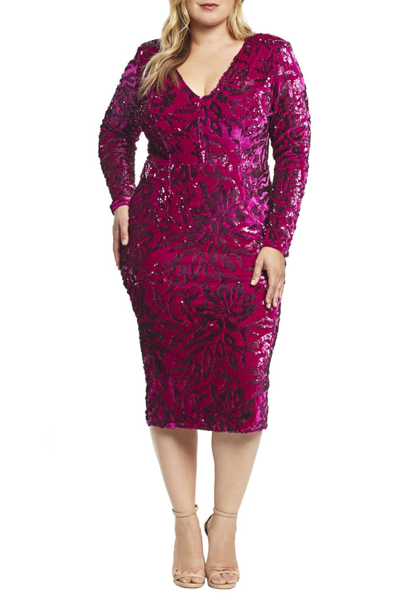 Elizabeth Plunging Long Sleeve Midi-Plus