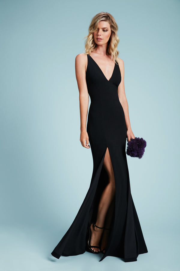 Iris Crepe Side Slit Gown (Black) - 2
