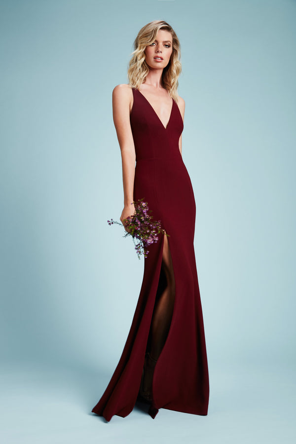 Iris Crepe Side Slit Gown (Burgundy) - 2