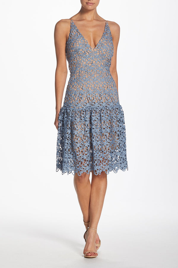 Lily Plunging Spaghetti Strap Knee-Length Dress with Ruffle Skirt